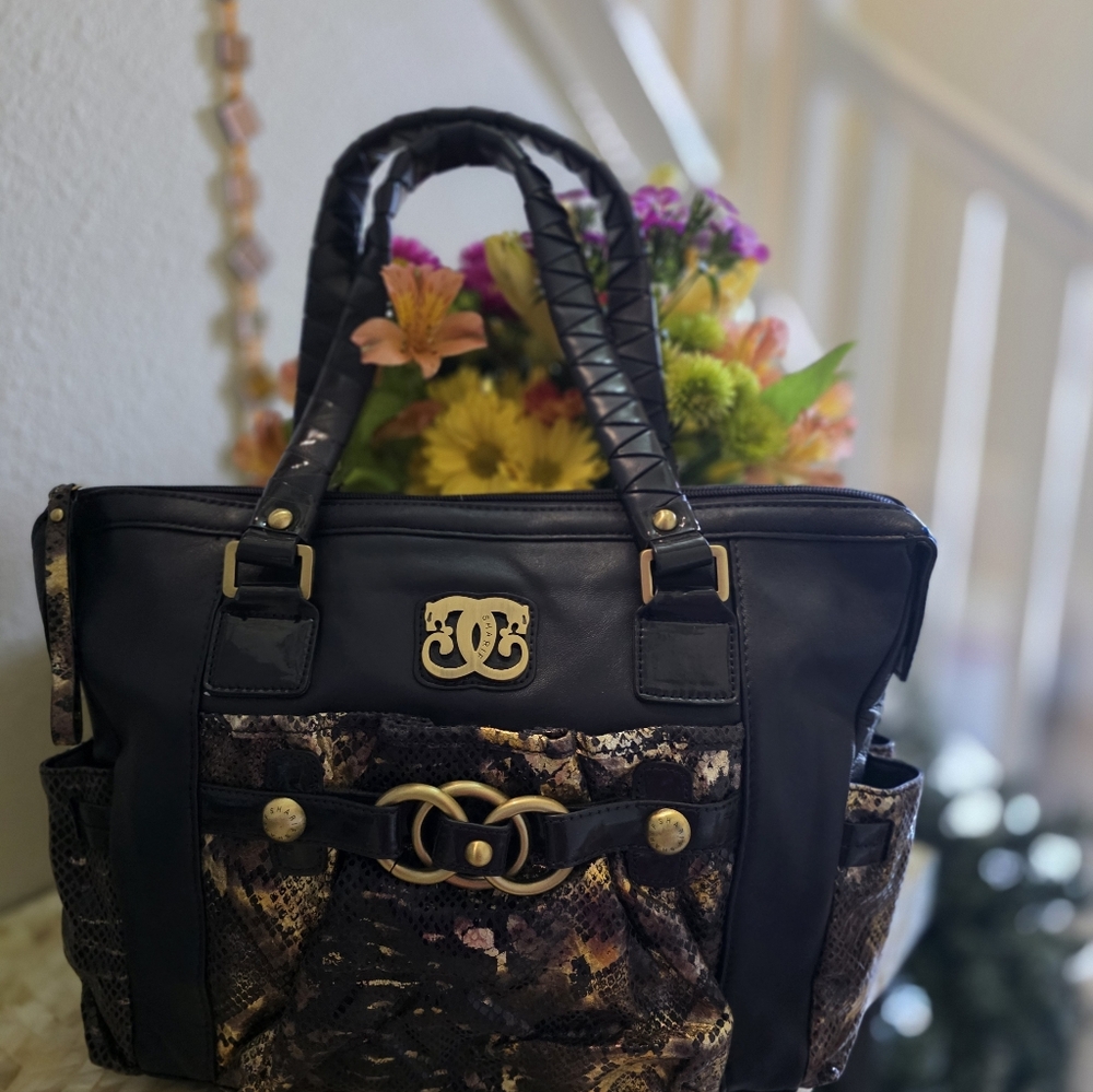 EUC SHARIF 1827 Satchel Navy/Gold Embossed Snake Leather